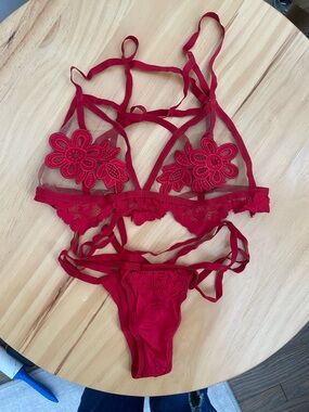 For Love And Lemons Red Floral Lace Strappy Bralette & Thong